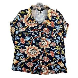 BCBG MAXAZRIA  Womens XL Top Blouse Bold Multicolor Floral Short Sleeve